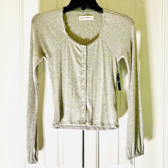 Lucky Brand Square Neck Pointelle Button Front Top in Gray (XS) New with Tag - Picture 9 of 15